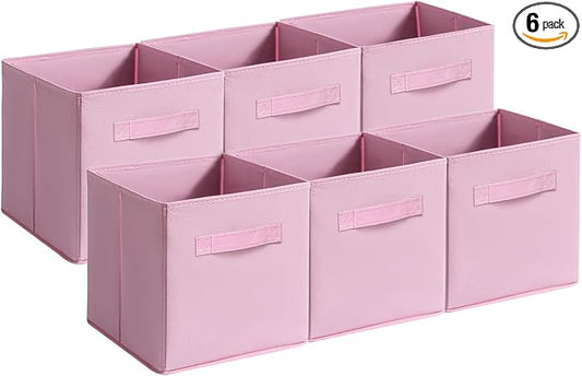 Fabric Storage Bins - 6 Pack Collapsible Cube Organizer for Closet, Shelves & Living Space, Pastel & Dark Color Options - Foldable Storage Boxes with Handles for Clothes (Pink, 11 inch)