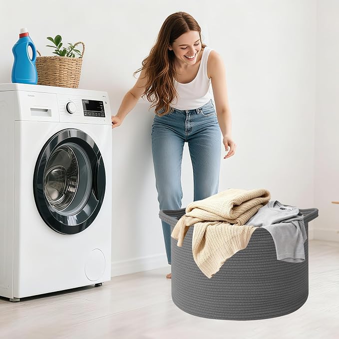 115L Extra Large Blanket Basket,Woven Rope Laundry Basket Hamper with Handles, Decorative Nursery Basket Storage Bin for Toys, Clothes Organizer, Living Room, Bedroom, Bathroom, Dark Gry