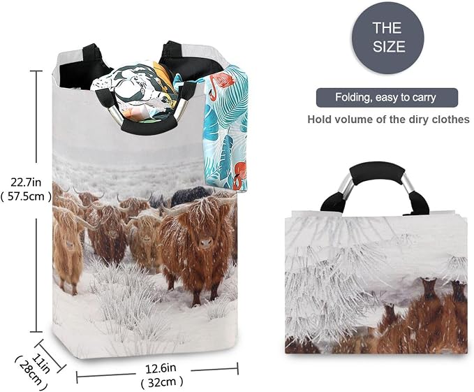 Winter Scottish Highland Cow Large Laundry Hamper Basket, Collapsible Laundry Bag Storage Bins Baskets with Handles for Laundry, Bedroom, Home Decor