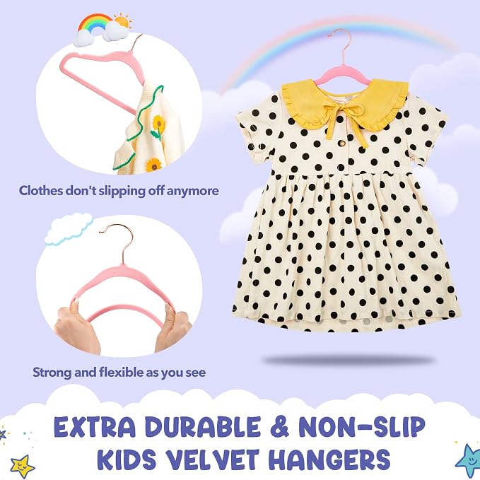 HOUSE DAY Velvet Kids Hangers 120 Pack, Premium Children Hangers for Closet, Slim Cute Clothes Hanger, Non Slip Kid Felt Hanger 14 Inch, Small Size for Toddler Clothes, Blush Pink