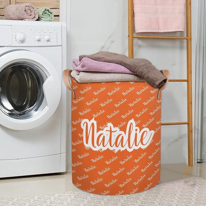Personalized Laundry Basket, Custom Gift Laundry Hamper, Collapsible Nursery Waterproof Laundry Baskets, Dirty Clothes Toy Hamper with Handles Name Orange