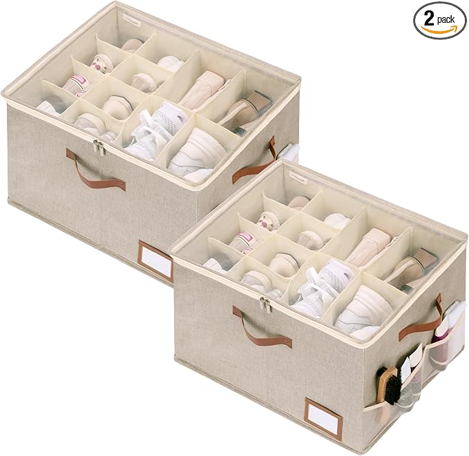 StorageWorks Shoe Organizer for Closet, 2 Pack Shoe Storage Boxes with Clear Lid, Stackable Shoe Storage Organizer for Sandals and Slippers, Fabric Shoe Bins for Closet, Holds 16–32 Pairs, Taupe