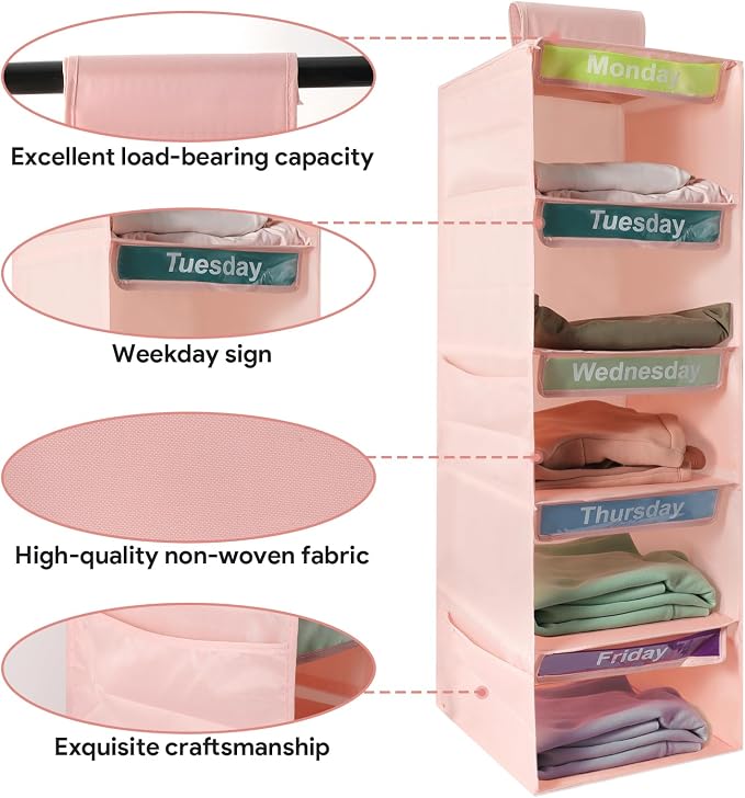 5 Shelf Days of The Week Clothes Organizer for Kids Weekly Outfits(Pink) | Weekly Clothes Organizer Monday Through Friday, Daily Hanging Closet Storage Shelves with 6 Side Pockets for Dorm Room