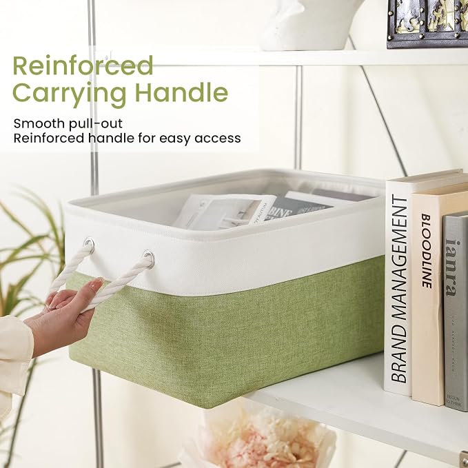 Large Storage Baskets- 15.7x11.8x8.26 inch Storage Bins for Shelves and Closet Organizing, Foldable Fabric Bin for Home Organization Clothes and Laundry (3-Pack, White&Green)