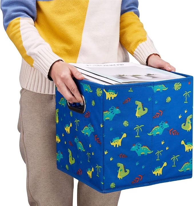6 Cube Storage Bins Blue 10.5x10.5x11 Inch Foldable Dinosaur Coastal Print Fabric Half Storage Basketes for Home Organizers Storage Drawer,QY-SC13-6