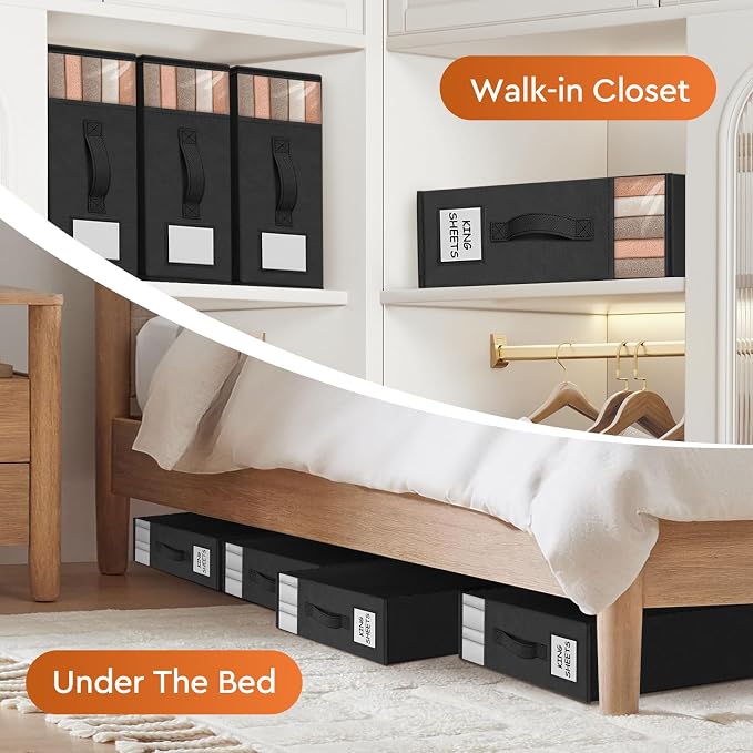 StorageTastic 4 Pack Bed Sheet Closet Organizers and Storage,Sturdy Foldable Storage Containers with Window and Label,Storage and Organization for Bedding Sheets,Duvet Covers,Blankets (Black)