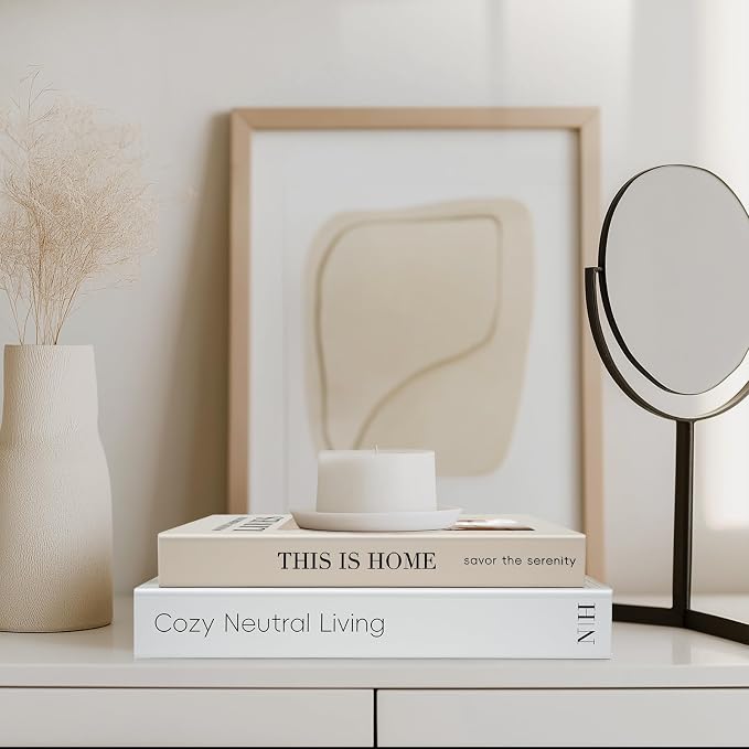 Decorative Books for Neutral Home, Fake Books Storage Boxes for Decoration | Set of 2 Coffee Table Books with Hidden Storage, Stackable Photo Keepsake Box for Living Room Bookshelf Decor, Beige