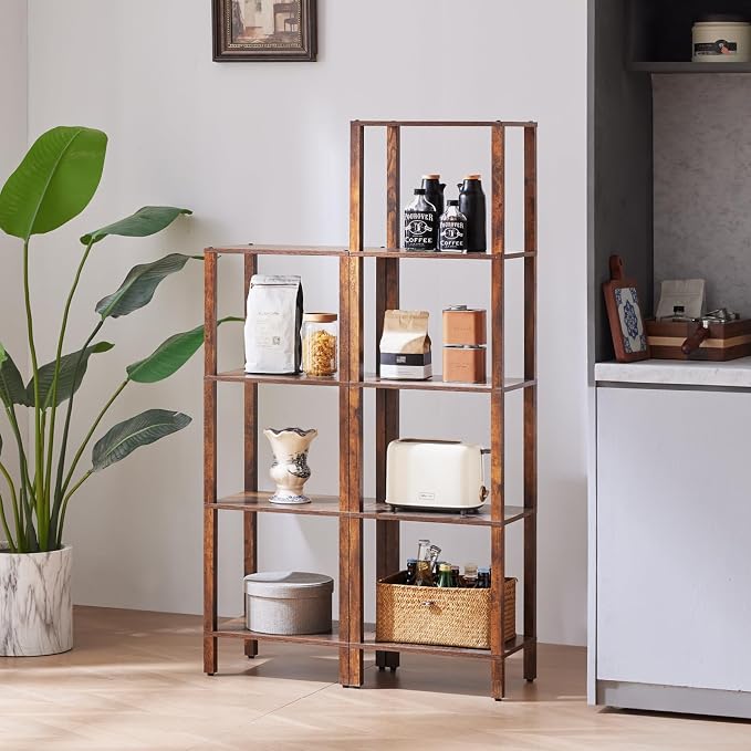 YUFAM 4 Tier Tall Wooden Bookshelf with Storage - Small Bookcase for Small Spaces, Shelf for Living Room, Office, Bedroom, Kitchen - Industrial Retro Brown Book Shelf