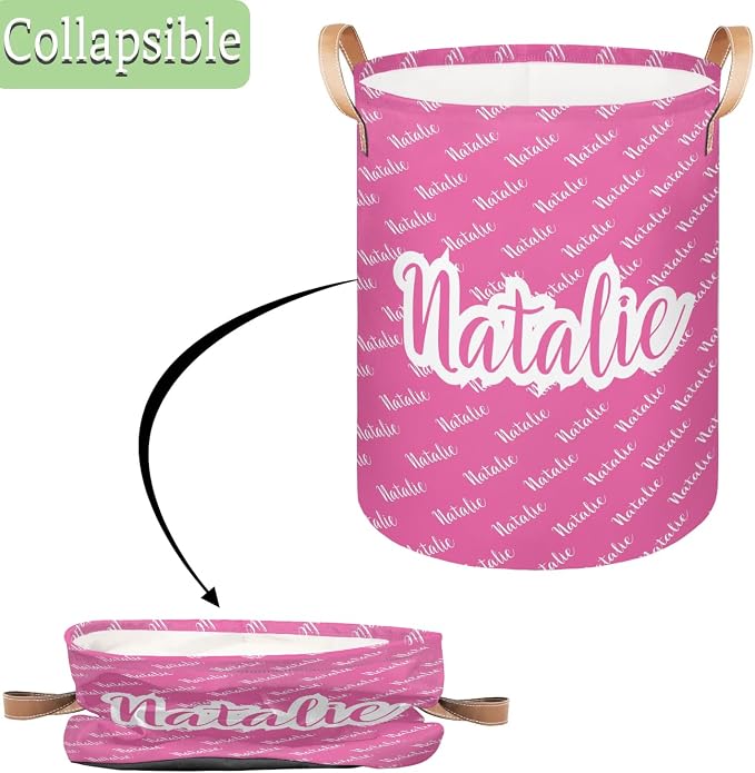 Personalized Laundry Basket, Custom Gift Laundry Hamper, Collapsible Nursery Waterproof Laundry Baskets, Dirty Clothes Toy Hamper with Handles Pink Name