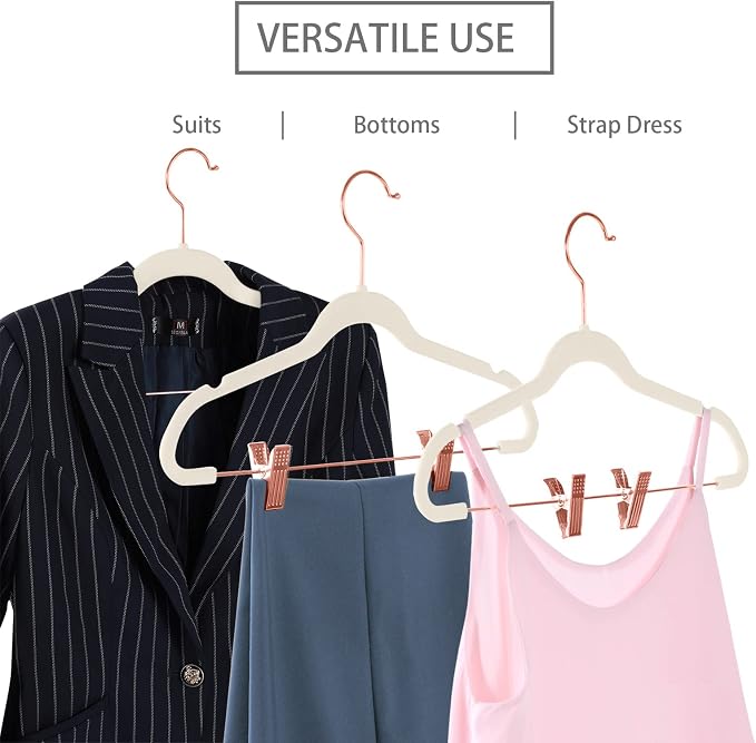 MIZGI Premium Velvet Pants Hangers with Clips (Pack of 20) - Slim Skirt Hangers - Non Slip Felt - Ivory - Copper/Rose Gold Hooks - Space Saving Shirt Clothes Hangers