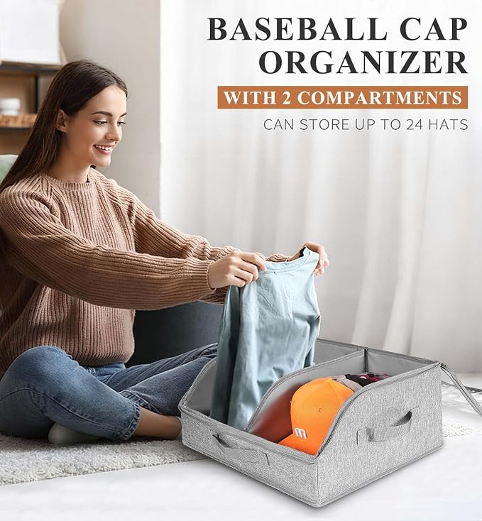Hat Organizer for Baseball Caps, 2 Compartments Clear Window Hat Storage Box for Closet Hold Up to 24 Caps, Hats Holder Container with Sturdy Cardboard for Home Storage | Gray