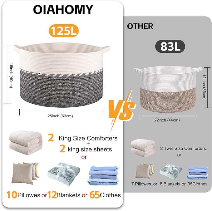 OIAHOMY 125L Extra Large Blanket Basket, 25" x 16", Jumbo Laundry Hamper, Cotton Rope Basket with Handles,Baby Toy Storage Bins,Black