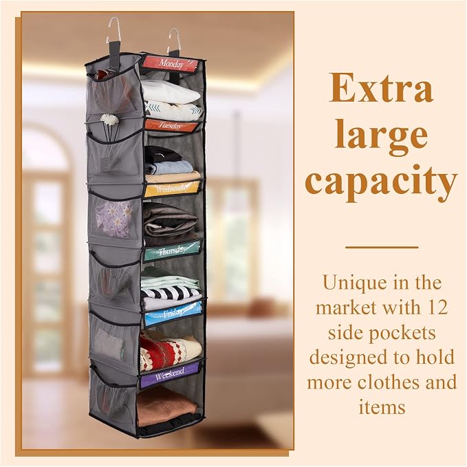 Amylove 2 Pack 6 Shelf Weekly Clothes Organizer for Kids with Side Pocket, 47 Inch Days of the Week Clothes Organizer, Monday to Friday Daily School Outfits Clothing Divider for Kids(Gray)