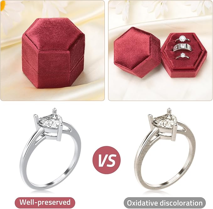 WantGor Velvet Jewelry Ring Box, 3 Slots Hexagon Ring Gift Box Ring Holder | Vintage Ring Display Case for Wedding Ceremony Proposal Engagement (Burgundy, 3 Slots)