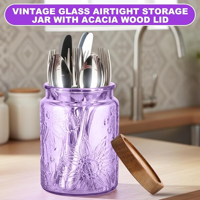 LemonRoad 2 Pcs Vintage Purple Glass Storage Jars 23.7 oz Mason Jar Canister with Wood Lids Food Storage Container for Cookie, Pantry, Candy Kitchen, Coffee, Tea, Flour, Sugar, Decorative Home Decor