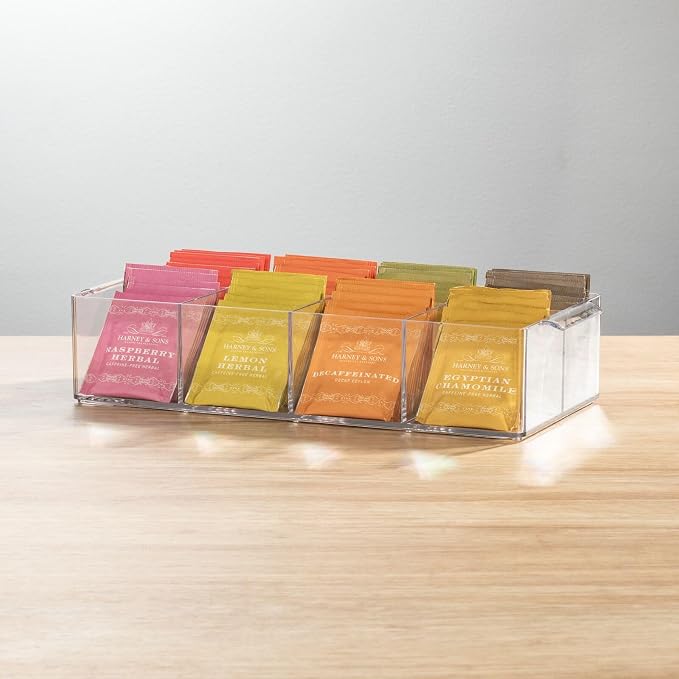 mDesign Plastic Condiment Organizer and Tea Bag Holder - 8-Compartment Kitchen Pantry/Countertop Storage Caddy - Divided Chip, Snack, Oatmeal Packet Holder - Lumiere Collection - Clear