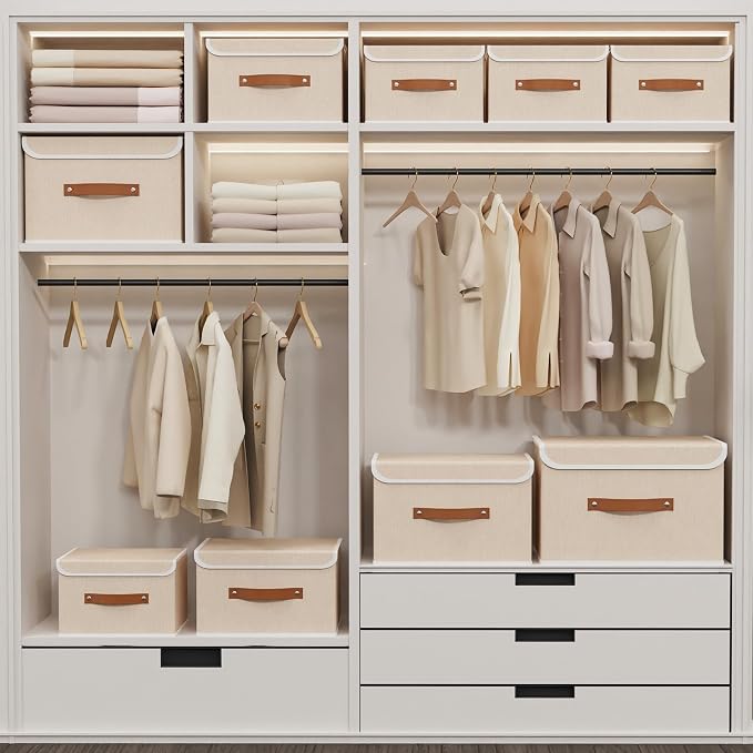 Yawinhe Collapsible Storage Boxes, Stackable Linen Fabric Baskets, Bin with lid and Leather Handle, Washable, for Home, Closet, Beige, 10.2x7.9x6.7 In, 1-Pack, SNK024BEN-1