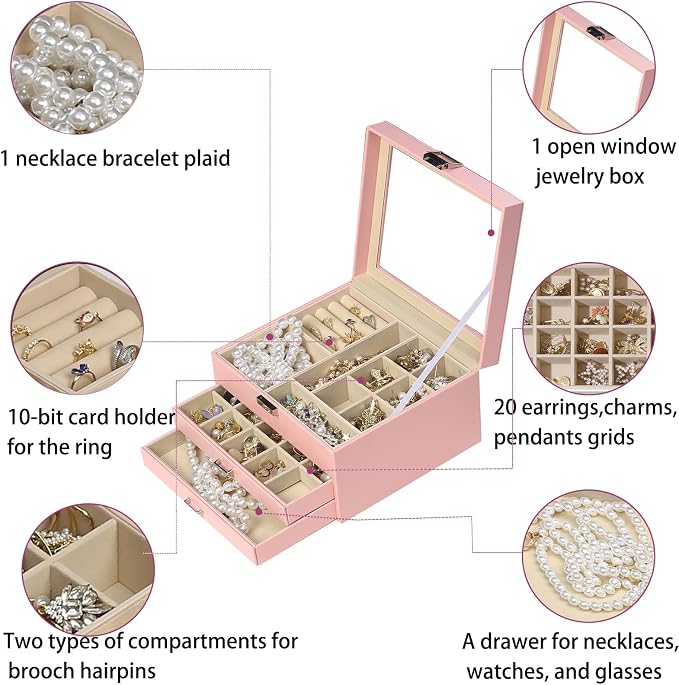 BOOVO Clear Lid Jewelry Box,3 Layers Jewelry Organizer Large Jewelry Storage Box with 2 Drawers,Jewelry Holder Organzier of Rings Earrings Necklace Bracelets for Women (Pink, 3 Layer)