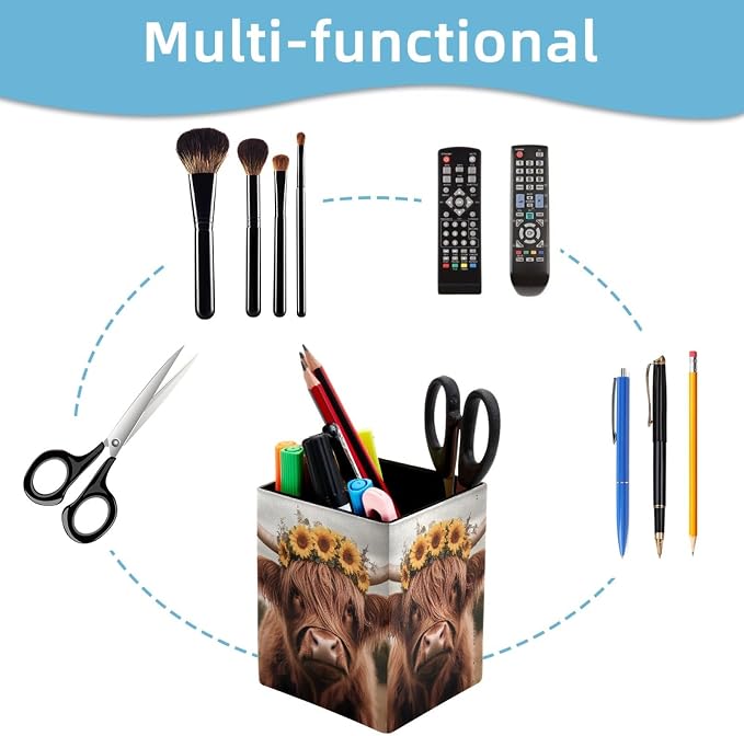 Pen Holder for Desk, Highland Cow Sunflower Pencil Holder, Pen Cup Functional Desk Organizer for Office Supplies