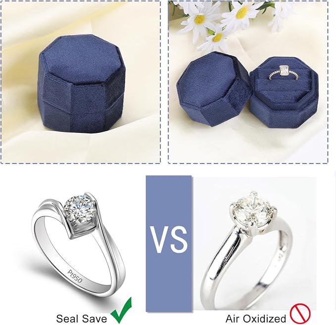 WantGor Velvet Ring Box, 3 Slots Jewelry Ring Gift Box Vintage Ring Holder | Ring Display Case for Wedding Ceremony Proposal Engagement (Navy Blue)