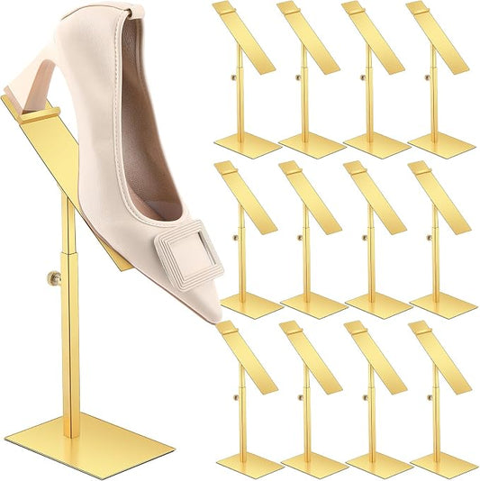 Therwen 12 Pcs Gold Shoe Display Stand Shoe Rack Stainless Steel Golden Metal Riser High Heel Display Rack Holder for Home Shopping Malls (Square Shape,Golden)