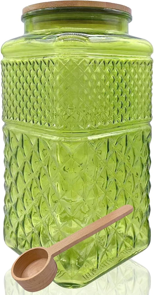 Coriario 1 Gallon Vintage Glass Jar with Lid Wood Spoon Green Square Decorative Glass Storage Jars Wide Mouth Canisters for Food Candy Flour Sugar Cookie Coffee Nuts