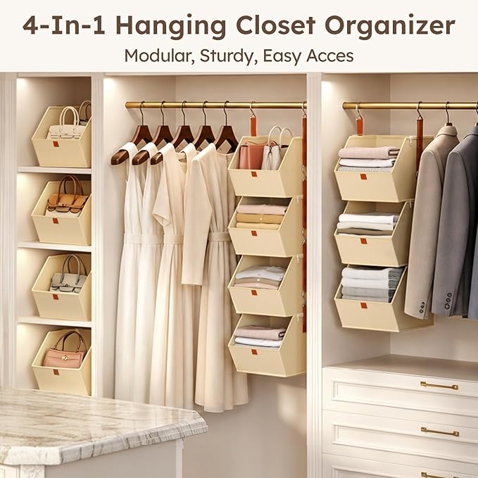 Homsorout Hanging Closet Organizer 4 Tier - Clothes Hanging Shelves, Space-Saving Closet System, Fabric Storage Bins Bedroom Organization, Collapsible Baskets for Home, Dorm, Rv, Beige, 8 Pack