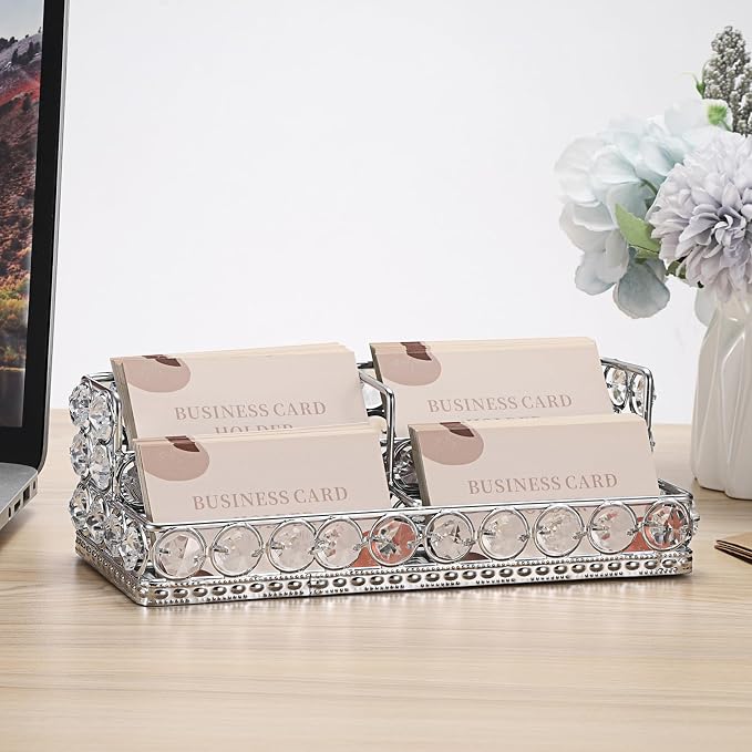 Hipiwe Silver Business Card Display Holder 2 Tiers Crystal Business Card Storage Stand with 4 Slots Office Desktop Organizer for Exhibition