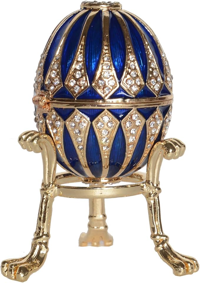 Blue Faberge Egg Trinket Box Jewelry Box Hand Painted Decorative Box with Hinged Lid Ring Earring Holder Easter Egg Collectible