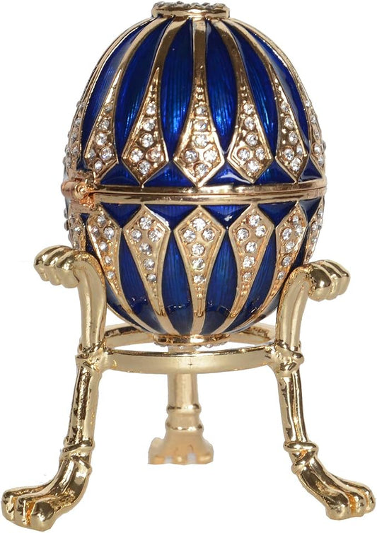Blue Faberge Egg Trinket Box Jewelry Box Hand Painted Decorative Box with Hinged Lid Ring Earring Holder Easter Egg Collectible