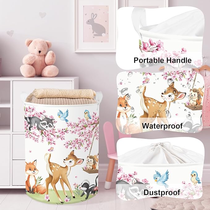 Clastyle Forest Animal Baby Storage Basket Leaf Kid Laundry Hamper Boy Girl Gift Toy Box Collapsible Clothes Organizer Nursery Bin for Bedroom, Cherry Deer, 36x45 cm