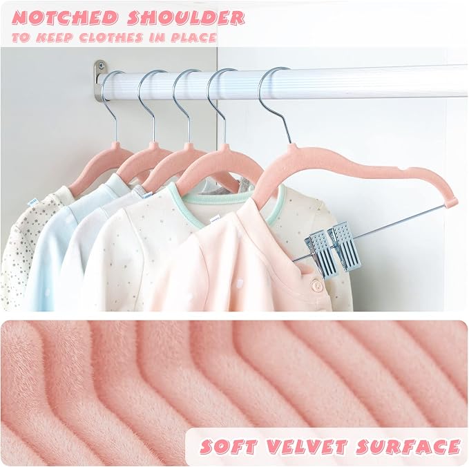 ManGotree 11.8'' Baby Velvet Hangers with Movable Clips, Non-Slip Kids Clothes Hangers, Ultra-Thin Space-Saving Children's Felt Hangers for Shirts, Pants, Dresses, Skirts, Jackets (16 Pack, Pink)