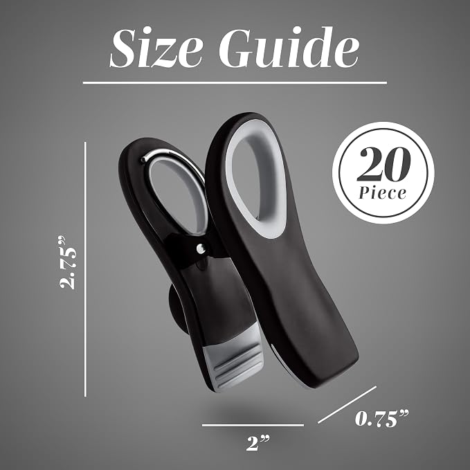 COOK WITH COLOR Bag Clips with Magnet- Food, Chip, Bag Clips for Food Storage with Airtight Seal Grip for Bread, Snack and Food Bags (Black, Pack of 20)