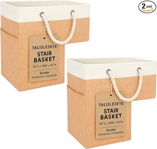 Stair basket,Foldable staircase baskets,Step stairs storage baskets with handle,2pcs apricot