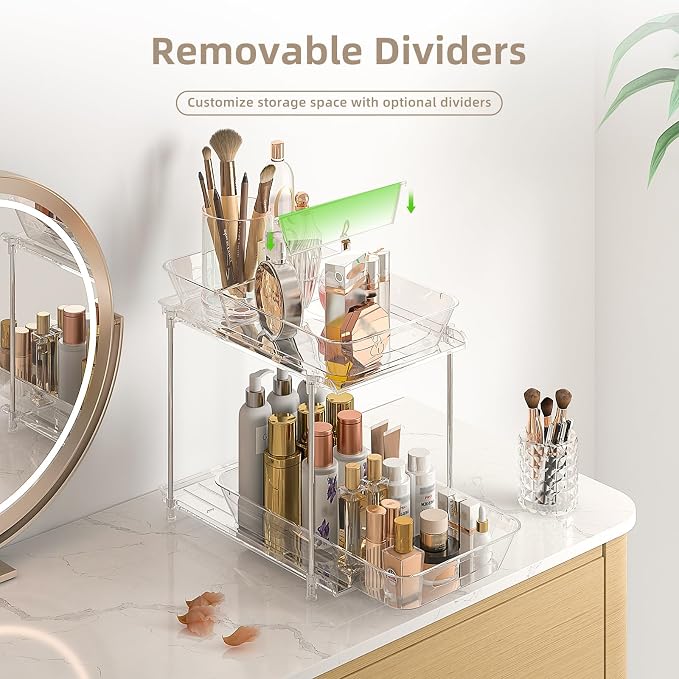 Sevenblue 4-Pack 2-Tier Under Sink Organizer with Pull Out Drawers | Multi-use kitchen & bathroom storage. Includes hanging hooks and cups. transparent, space-saving cabinet design. 11.2 Inch