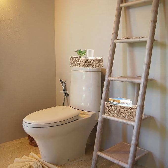 Macrame Storage Basket Boho Decor Baskets for Organizing Woven Decorative Basket for Countertop Toilet Paper Basket for Toilet Tank Top Shelf Basket with Handle for Bathroom Decor Nursery (Set of 2)