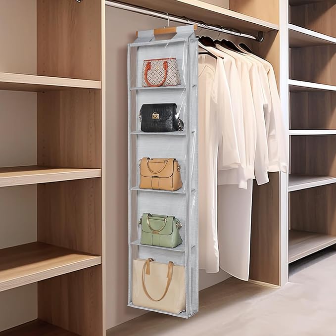 Syeeiex Hanging Handbag Purse Organizer with Zippers, 5 Mesh Shelves,Clear Slubbed Fabric+PVC Hanging Closet Bag Organizer, Dustproof Handbag Closet Tote Storage Bag for Door, Wardrobe, Shelf Rack