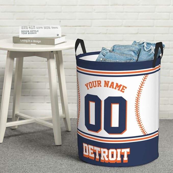 Custom Detroit Laundry Hamper Personalized Laundry Basket Customized Name And Number Collapsible Storage Basket for Bedroom Bathroom Living Room Baseball Fan Gifts