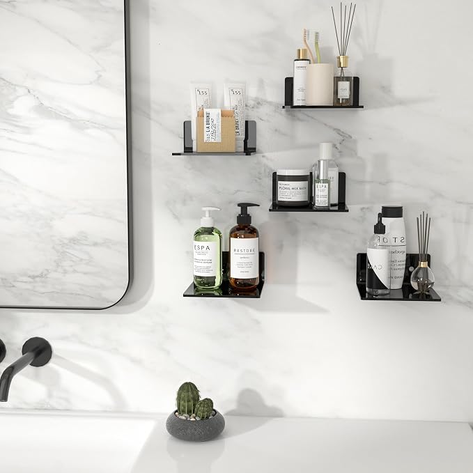6 Inches Small Black Wall Shelves, Moisture-Proof, Space Saver, Wall Mounted Display Shelf Rack for Bedroom, Living Room, Kitchen, Dining Room, Bathroom, 4 Pack