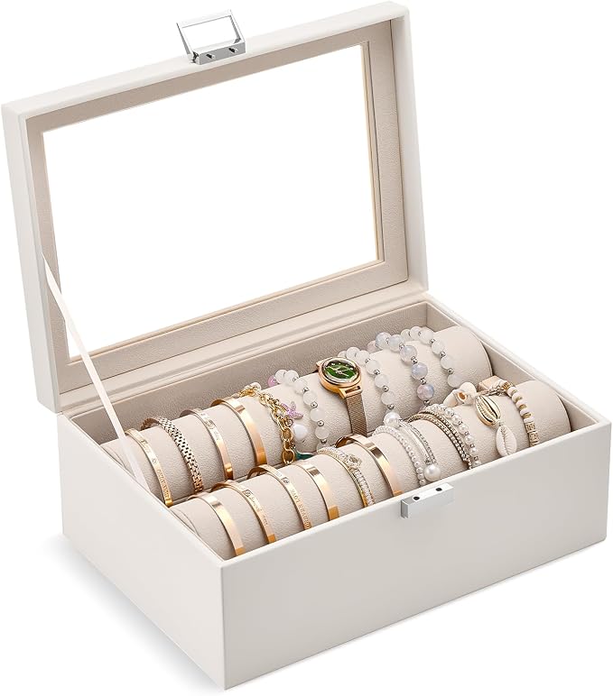 Lolalet Bracelet Display Holder with Rods for Bangles Watches, Clear Lid Jewelry Organizer Box Storage Case for Women Girls -Beige, 2 Rolls