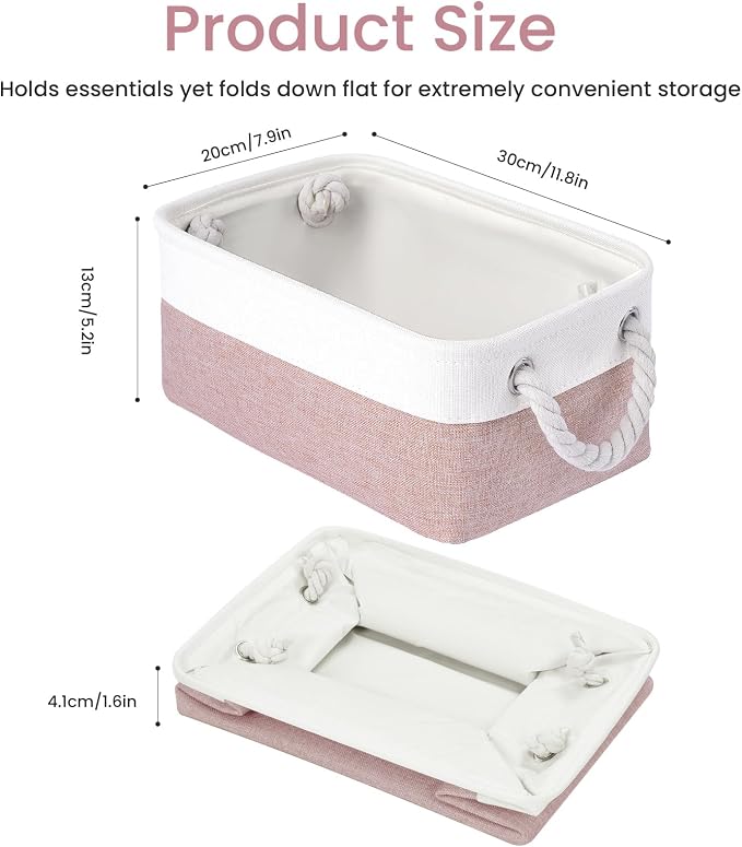 Storage Baskets for Shelves 11.8x7.9x5.2 Inch, Foldable Fabric Storage Bins with Handles, Small Storage Baskets for Organizing Closet, Office, Home Organization (3-Pack, White&Pink)