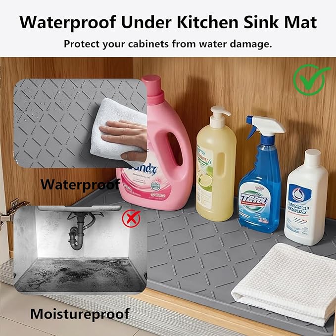 Mateeylife Under Sink Mats for Kitchen Waterproof 31"X22", Undersink Protectors，Silicone Mat Cabinet Liner, Under Sink Organizer for Bathroom and Kitchen，Boot Tray Pet Food Mat, Dark Grey