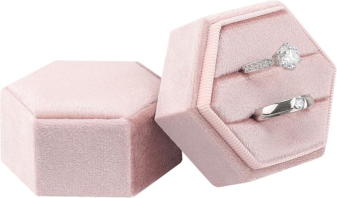 DesignSter Velvet Jewelry Ring Box,2 Slots Jewelry Ring Gift Box Vintage Ring Display Holder with Detachable Lid for Proposal, Engagement, Wedding, Ceremony(Peach pink)