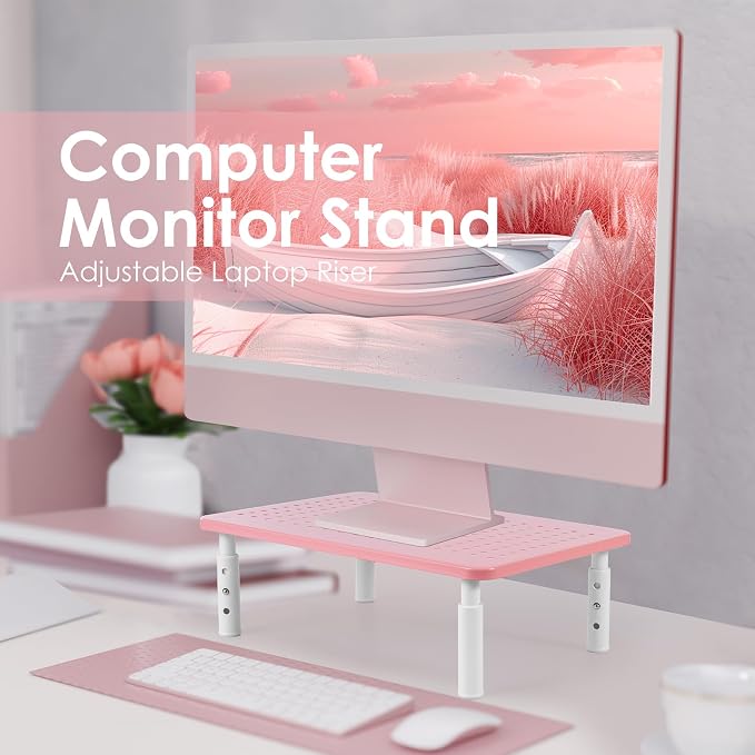 LOTEYIKE Monitor Riser Desktop Stand, Flat Screen TV Monitor Stand Riser, Sturdy Metal Laptop Computer Monitor Stand Shelf for Printer, iMac, 3 Height Adjustable PC Stand with Mesh Platform