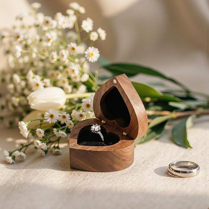 Engagement Proposal Ring Box Secret Slim Storage Wooden Heart Case | Walnut Wood Ring Bearer Box Jewelry Storage Holder Collection & Display for Wedding Ceremony Commemoration Day