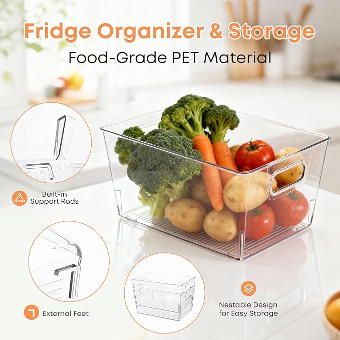 MOONEDGE Clear Plastic Storage Organizer Bins for Home Organization | Clear Bins for Organizing, Pantry Organizers and Storage, Kitchen, Fridge, Bathroom, Cabinet, Closet, Under-Sink, Laundry