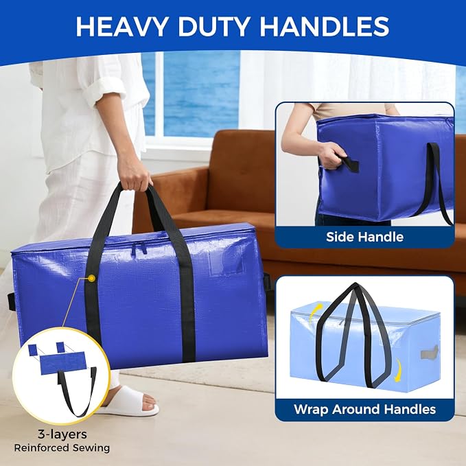 BAGAIL Heavy Duty Moving Bags with Strong Handle, Extra Large Moving Boxes, Storage Tote for Clothes, College Moving Supplies(Dark Blue, 8 Pack)