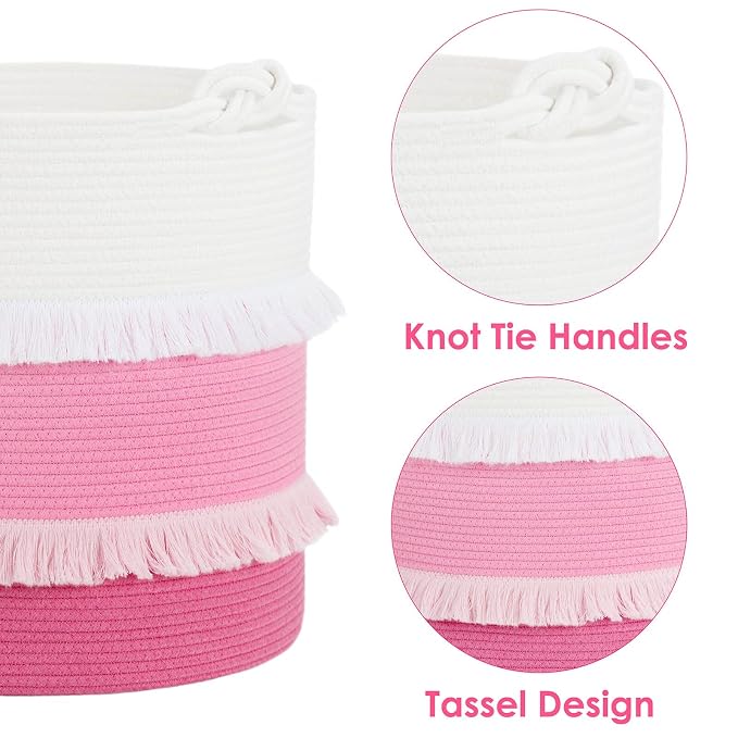 CherryNow Extra Large Woven Storage Baskets – 16'' x 17'' Cotton Rope Decorative Pink Hamper for Nursery, Toys, Blankets, and Laundry, Cute Tassel Nursery Décor for Baby & Girl