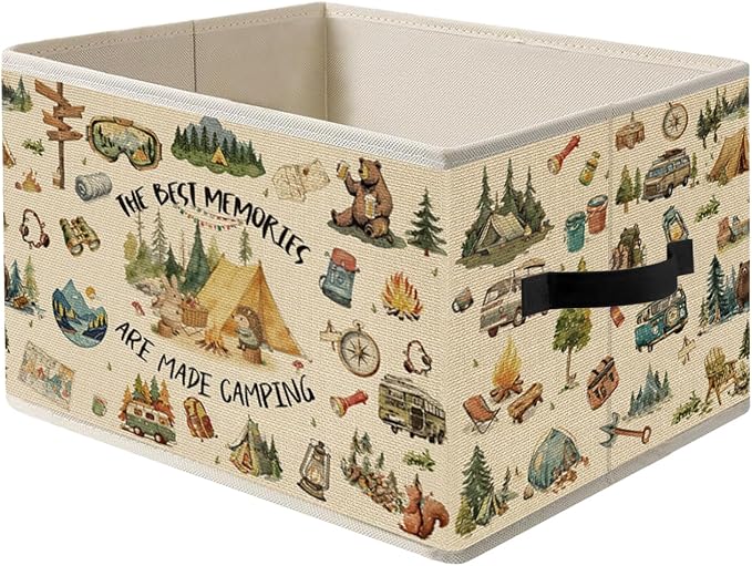 Camping Camper RV Storage Bin Box with Handles, Adventure Camping Campfire Foldable Organizer Basket Toybox for Teen Boys Room Classroom Playroom Bathroom Clothes Toys Books