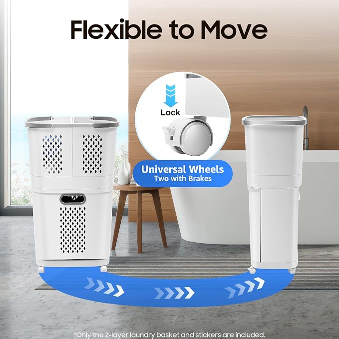 2 Tier Rolling Laundry Hamper Sorter Removable Clothes Hamper Organizer with Wheels White Portable Storage Baskets for Bedroom Laundry Room Bathroom